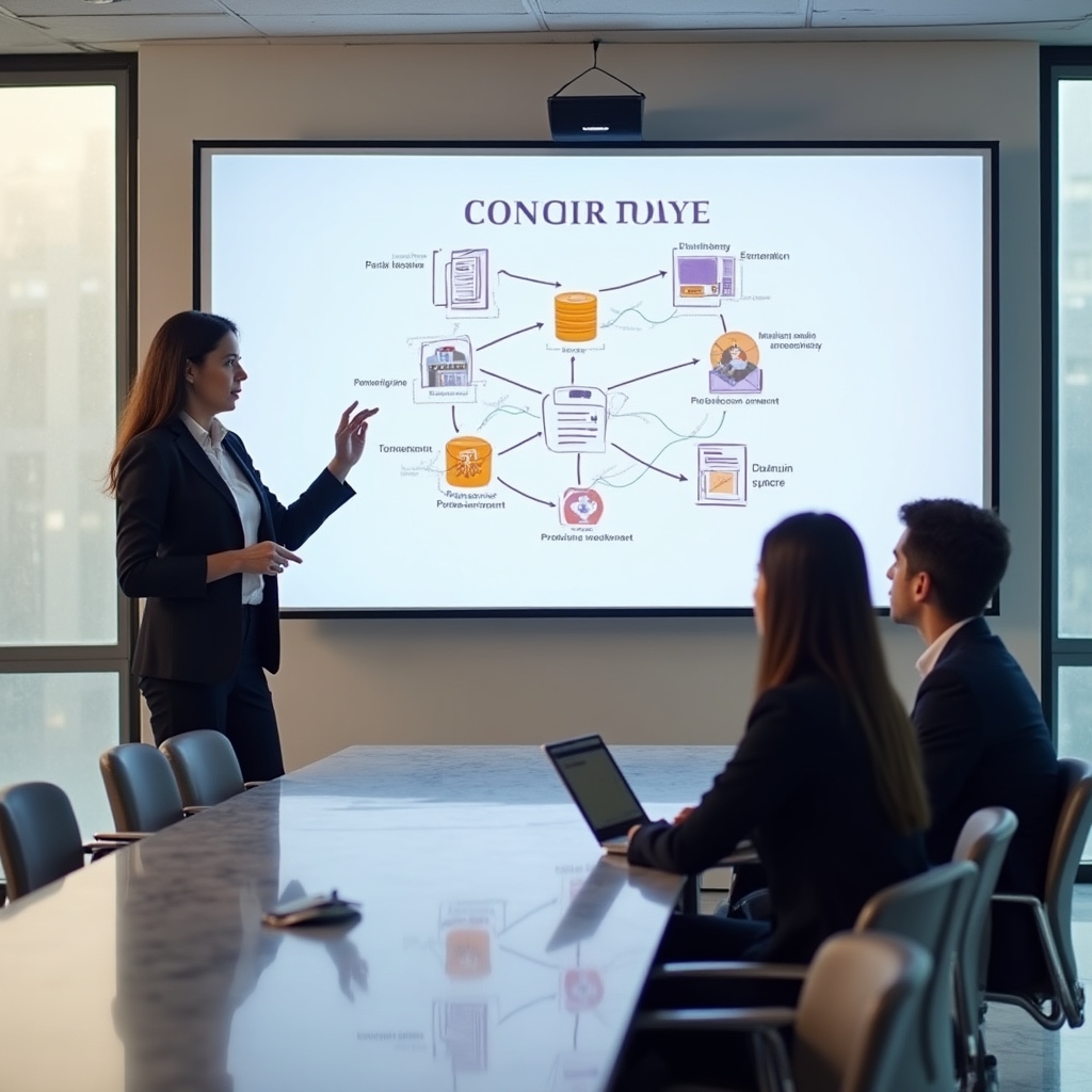Consultant prezentând observații preliminare unui client pe un ecran mare